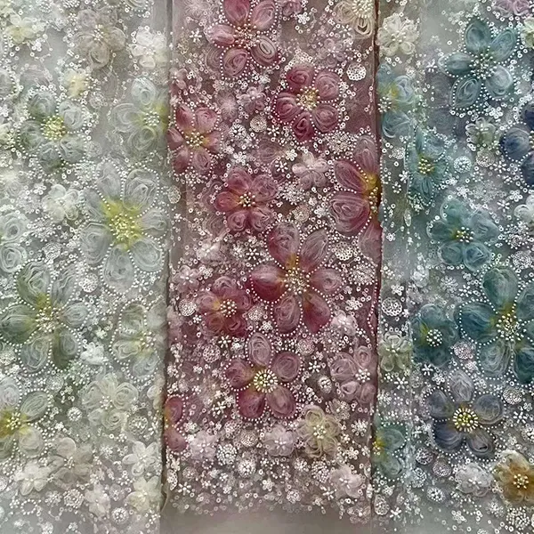 Vải lưới thêu hoa ruy băng 3d có đính sequin và hạt