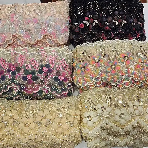 Ren thêu nhiều màu với lưới 3D hoa ruy băng ống đính cườm ren thêu mã vạch